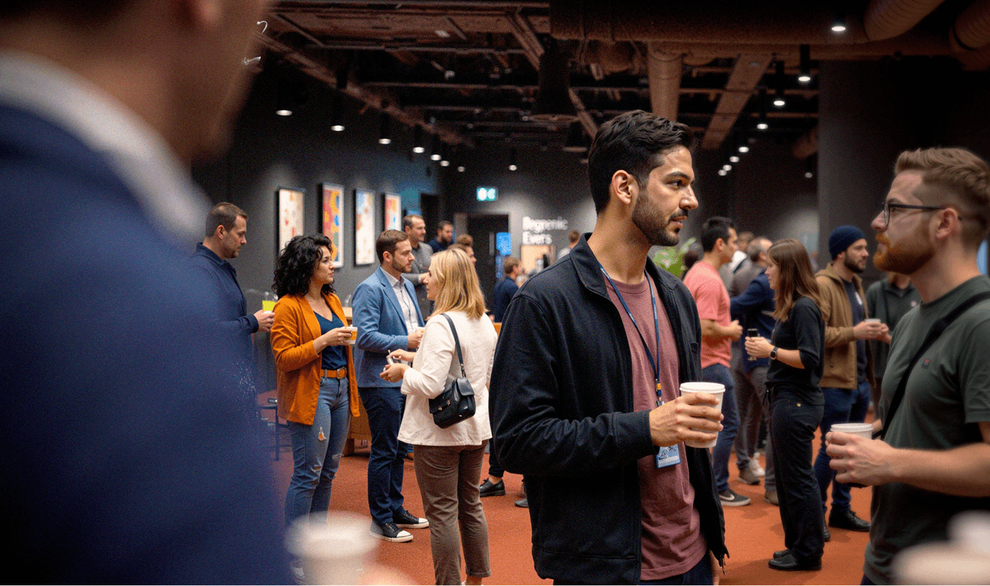 People gather and converse while holding coffee cups at an indoor networking event or conference.